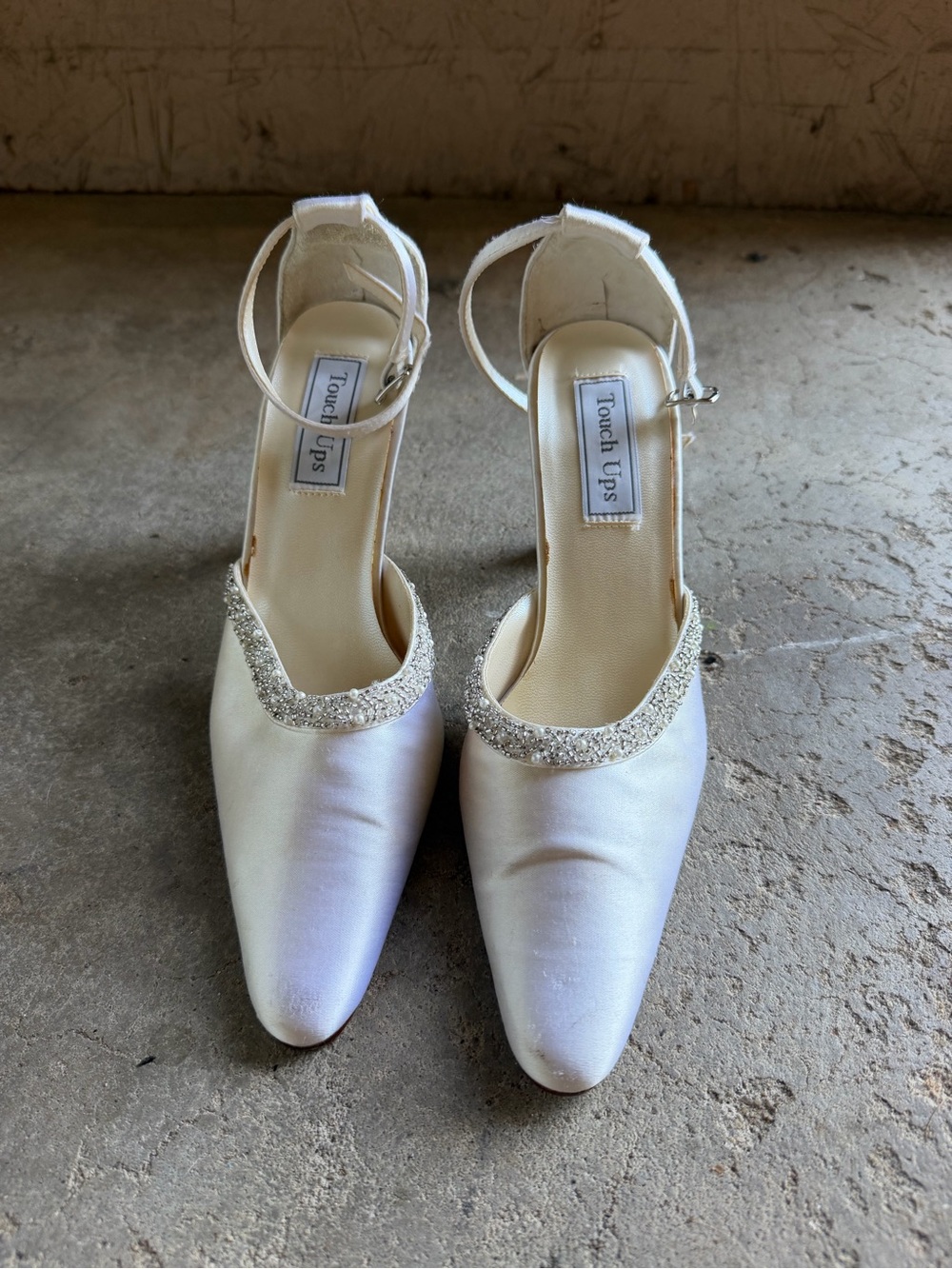 Touch Ups White Satin Pointed-Toe Ankle-Strap Heels with Rhinestone Accent